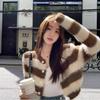 Korean Gentle Lazy Wind Top Striped Imitation Mink Crew Neck Autumn and Winter New Knitted Cardigan Sweater Jacket Women