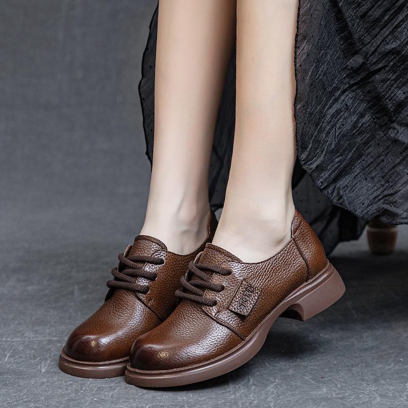 Autumn Women's Single Shoes Lace-Up Soft Cowhide Shoes Thick Mid-Heel Soft Sole All Season Deep Mouth Shoes