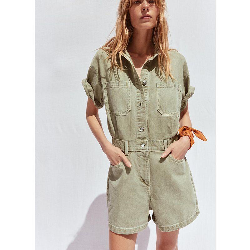 Summer New Women Clothes Western Style Lapel Short Sleeve Denim Short Jumpsuit 1879039 0108027