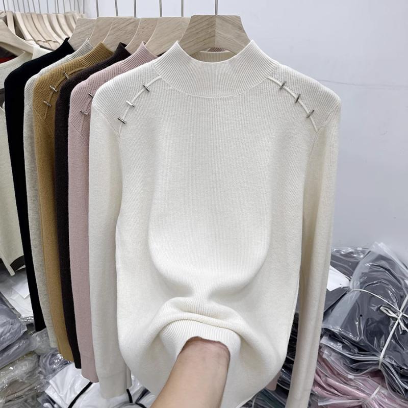 Autumn and Winter Half-high Collar Ribbed Knitted Shirt for Women with An Inner Layer Design Versatile Sweater Shirt