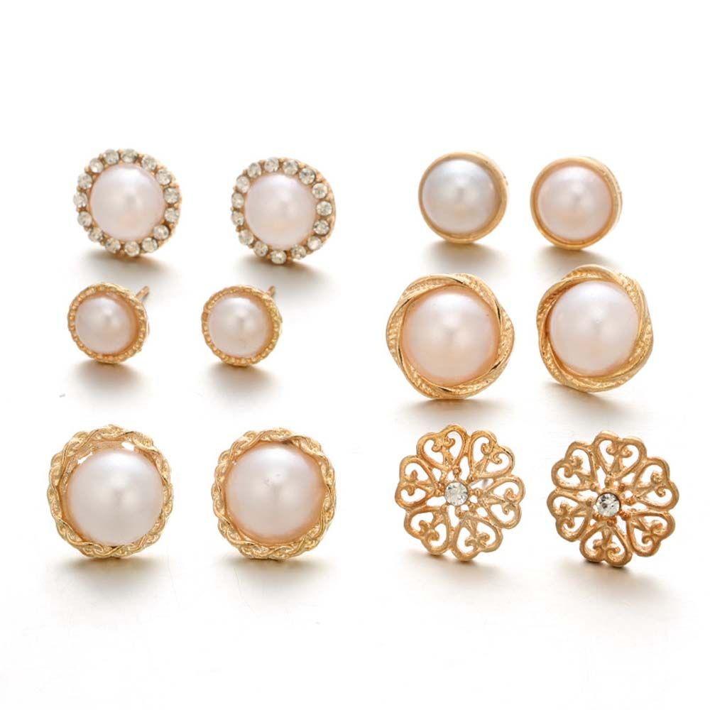 Gold Color Simulated Pearl For Women Hollow Round Accessories Jewelry Earring Sets Stud Earrings