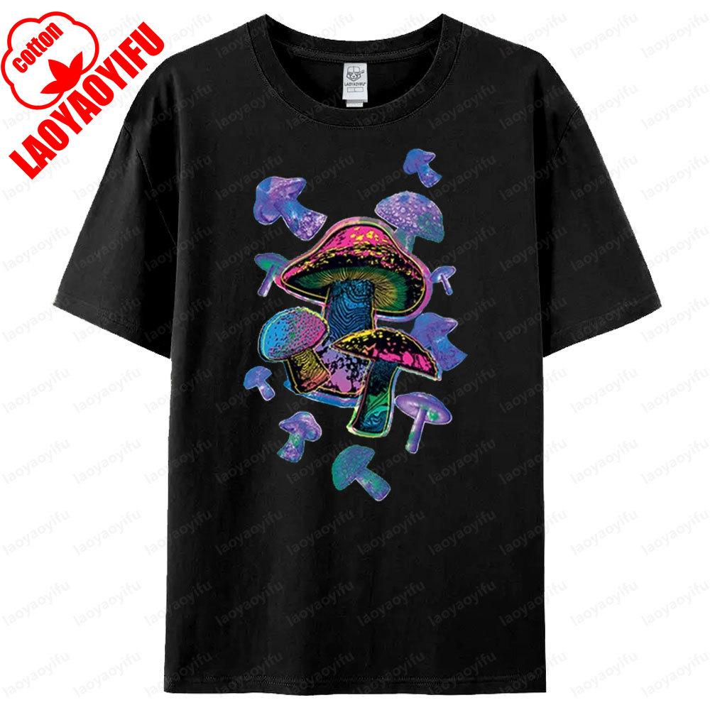Colorful Mushrooms TShirt Rave Hippie Festival Magic Trippy Shirt Psychedelic Party Nature Plants Forest Tee Men Cotton Shirt
