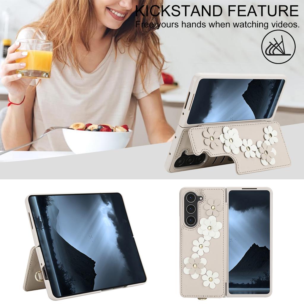 For Samsung Galaxy Z Fold5 5G Case Card Slots Leather Coated TPU Flower Phone Cover with 2 Straps