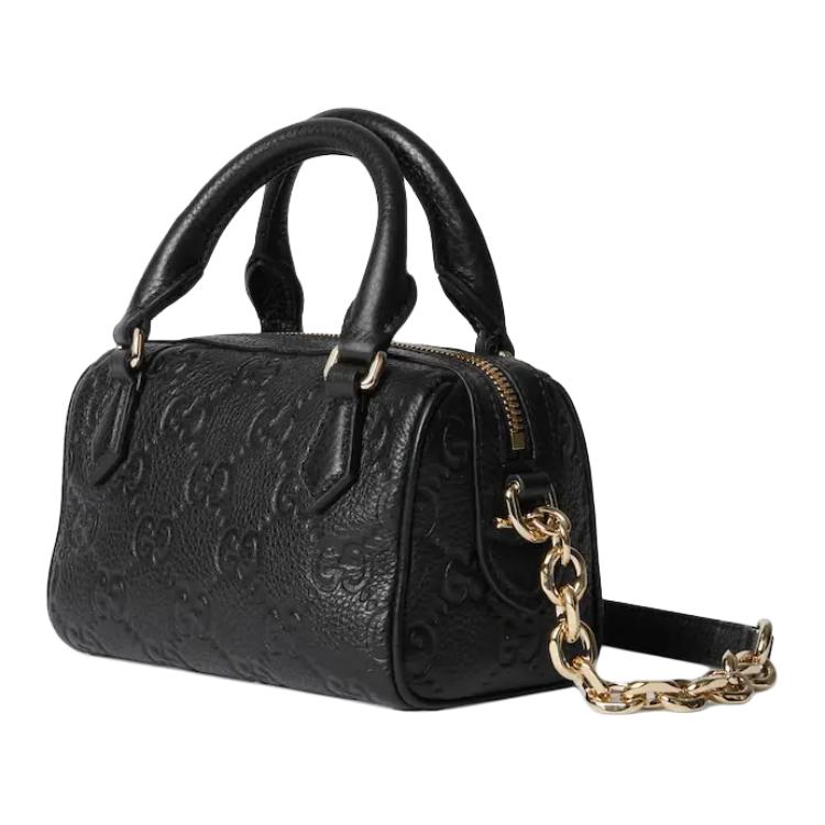 Gucci GG Emblem Adjustable Chain Zipper Closure Pebbled Leather Mini Shoulder Crossbody Bag Women Bags Black 815256-AAEEM-1000