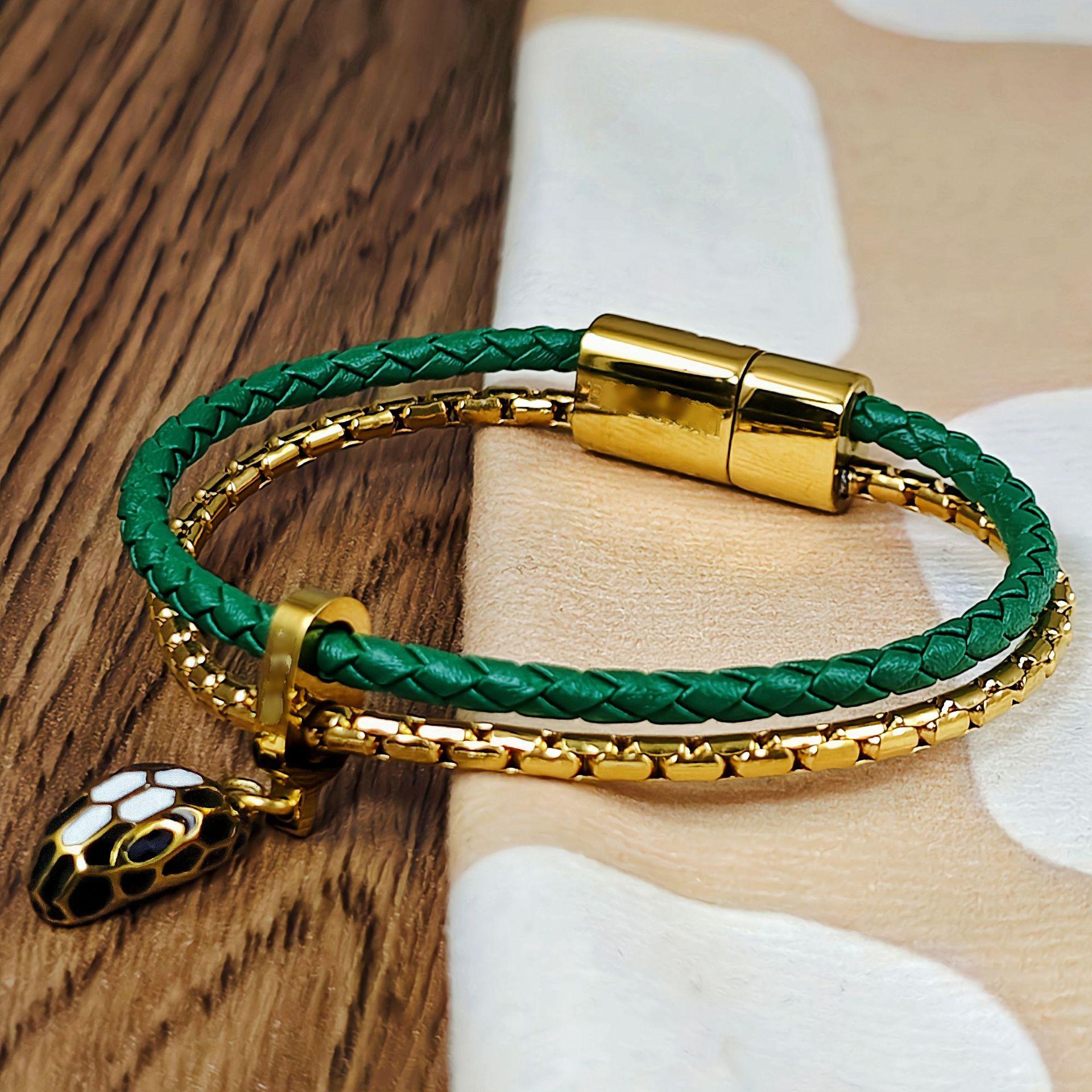 2026 Classic Snakehead Calf Leather Braided Leather Rope Double Bracelet, Snakehead Male and Female Couples Premium Sense 19CM темно-зеленого