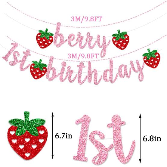 Berry First Birthday Decorations Banner Glitter Strawberry Happy 1st Banner Berry Birthday Cake Topper for Strawberry Theme Baby Shower y Party