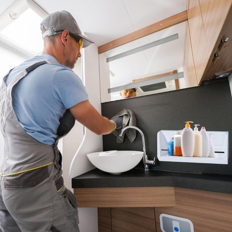 Bathroom Kitchen Travel Trailer Space Saving Shower Shelf Organizer for Soap Shampoo Storage, Rustresistant Easy Stick