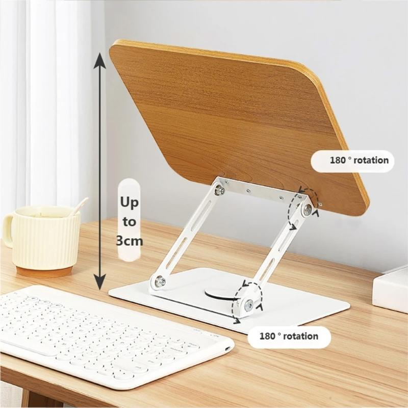 Reading Books Holder Desktop Book Laptop Stand with 360 Degree Rotating Base Wooden Panel Page Clip Foldable Angled