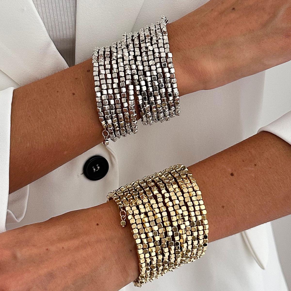 Arts & Hobbies Women's Gold/White Stylish And Shiny Square Ccb Beaded Wrapped Wide Bracelet, Personalized Geometric Multi-Layer Stacked Bracelet For