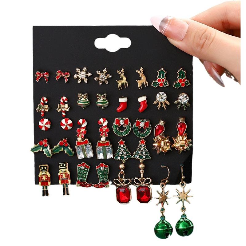 Ensemble de Boucles d'Oreilles Mixtes de Noël Pour Femmes Cristal Brillant Zircon Flocon de Neige Cerf Arbre de Noël Cloche Boucles d'Oreilles Pour Femmes Cadeaux du Nouvel An
