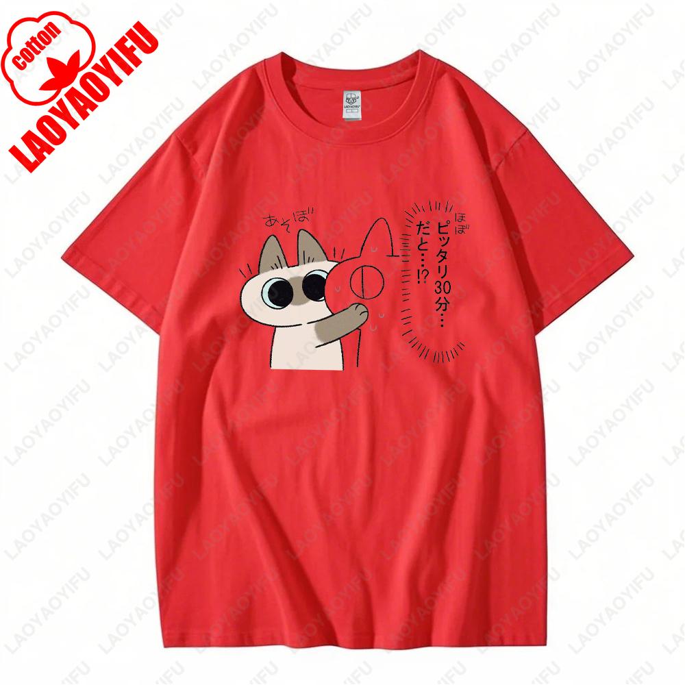 

Siamese Cat Azuki Cartoon Summer Printed T-shirt Cotton Breathable Casual Outdoor Graphic Tees Woman Man Loose Shirts Tee Tops 4XL