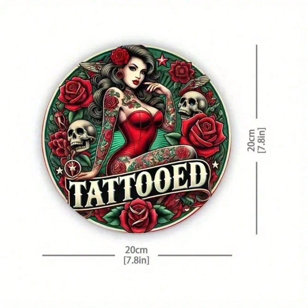 Vintage Round Metal Sign Tattoo Girl Art Weatherproof Aluminum Wall Decor for Garage Bar Man Cave