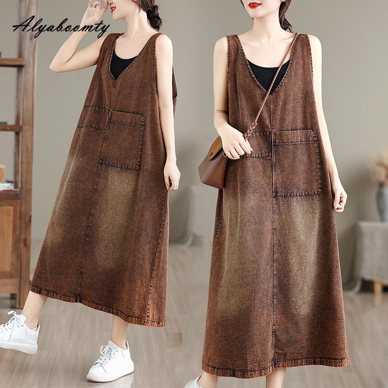 Korean Style Plus Size Spring Summer Women Sundress V Neck Brown Denim Sleeveless Tank Dress Vintage Casual Loose Basic Ladies' Midi Dress