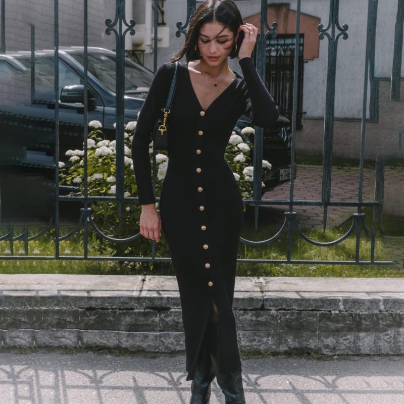 Casual Long Sleeve Knit Ribbed Dress Button Slit Female Sweater Cardigan Dresses Slim Solid Elegant Office Ladies Clothes