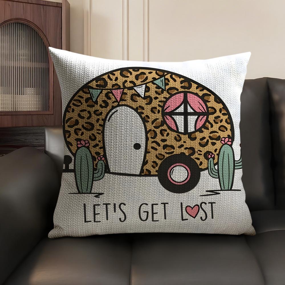 Happy Camping RV Camper Car Cushion Cover Natural Linen Organic Fabric DoubleSided Printing Sofa Home Decor Gift Pillow Case