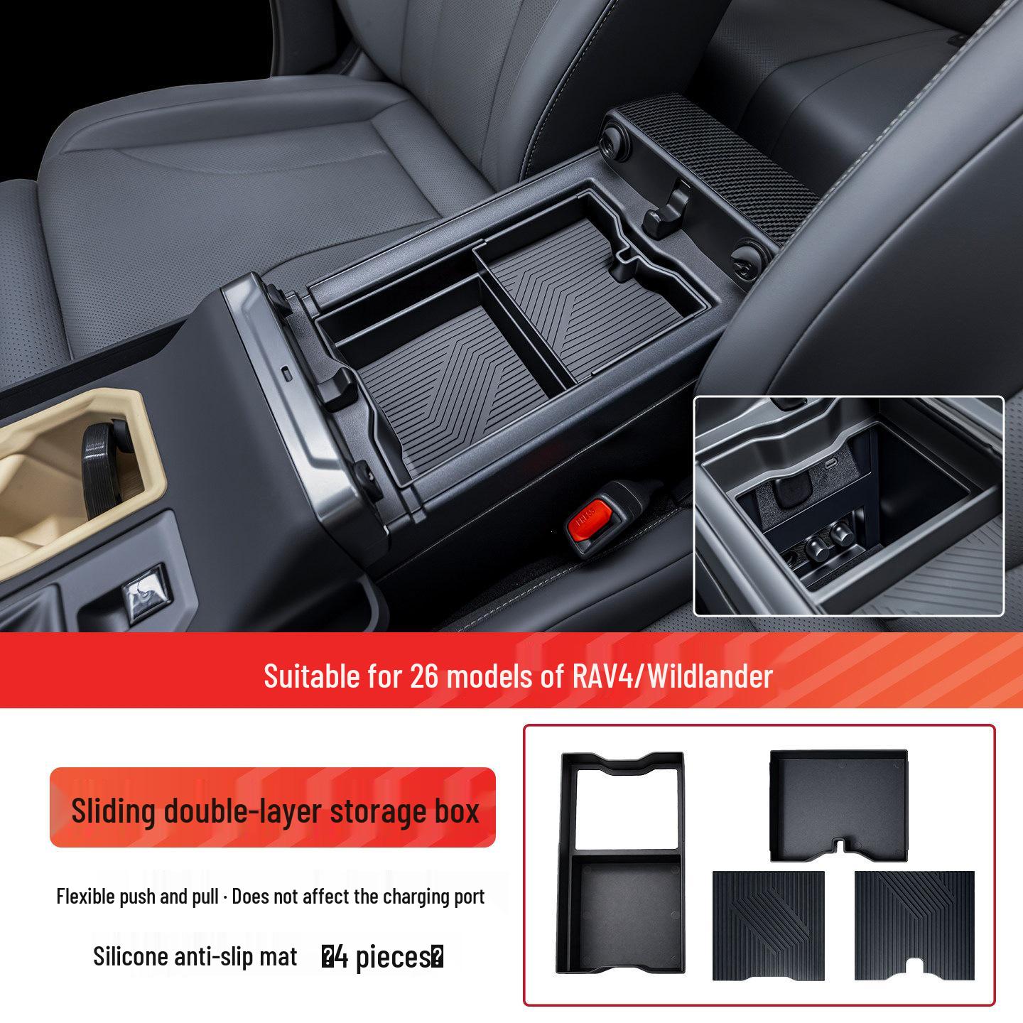 Fits 26 Toyota RAV4 and Wildlander models: Center Console Armrest Double Layer Storage Organizer Box.