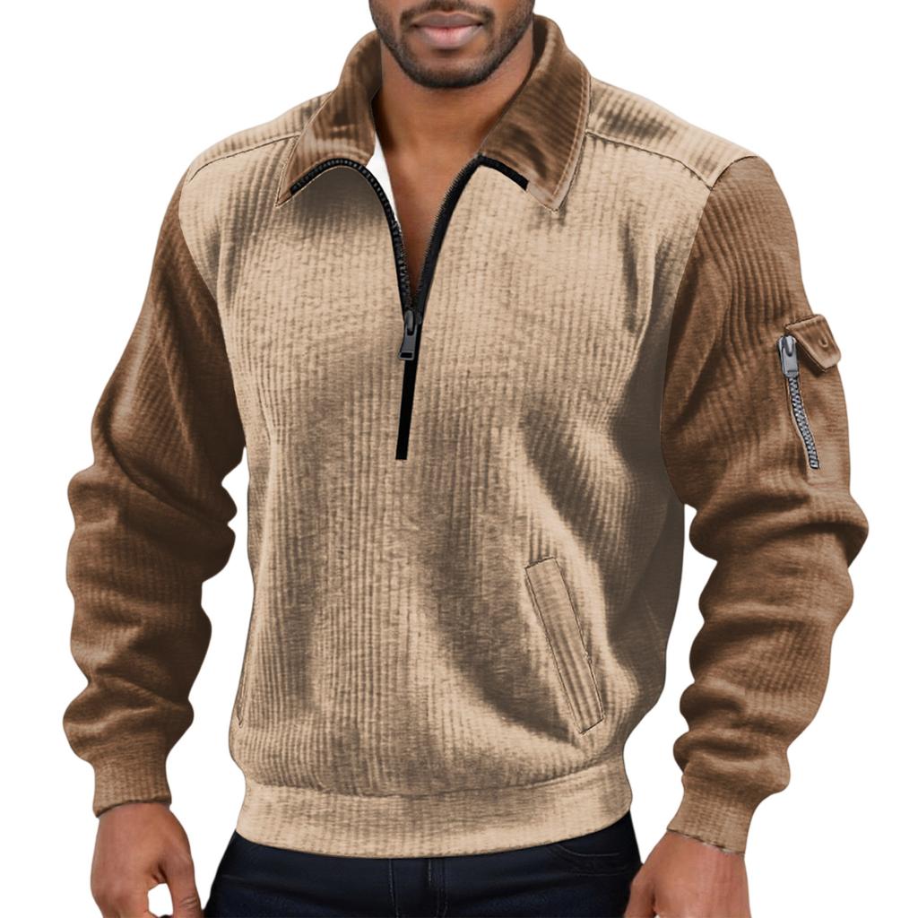 Men's Solid Color Corduroy Zipper Neck Long Sleeve Top Men's Casual Lapel Top