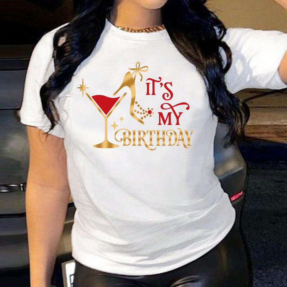 Wine Glass Pattern Casual and Comfortable Pure Cotton Printed Women's Round Neck Short Sleeved T-shirt