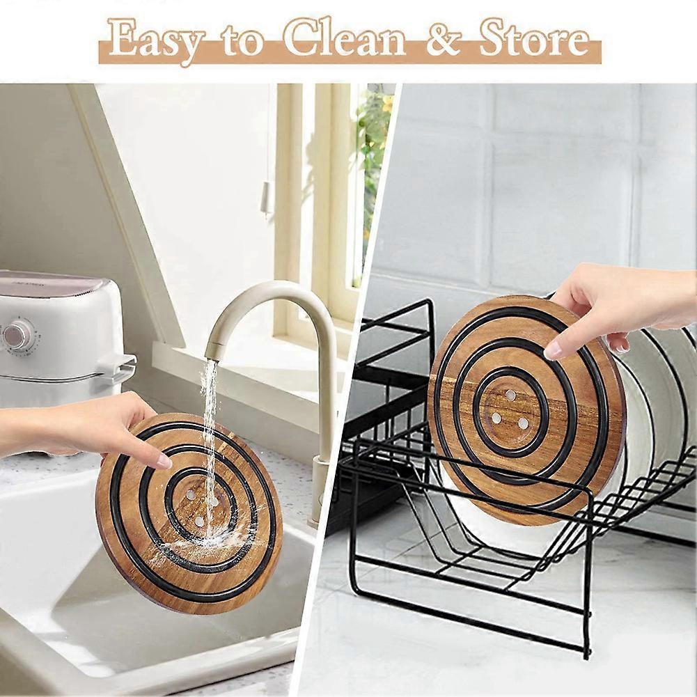Magnetic Pot Coaster -Acacia Wood Trivet with Silicone Rings for Hot Pots, Pans & Dishes