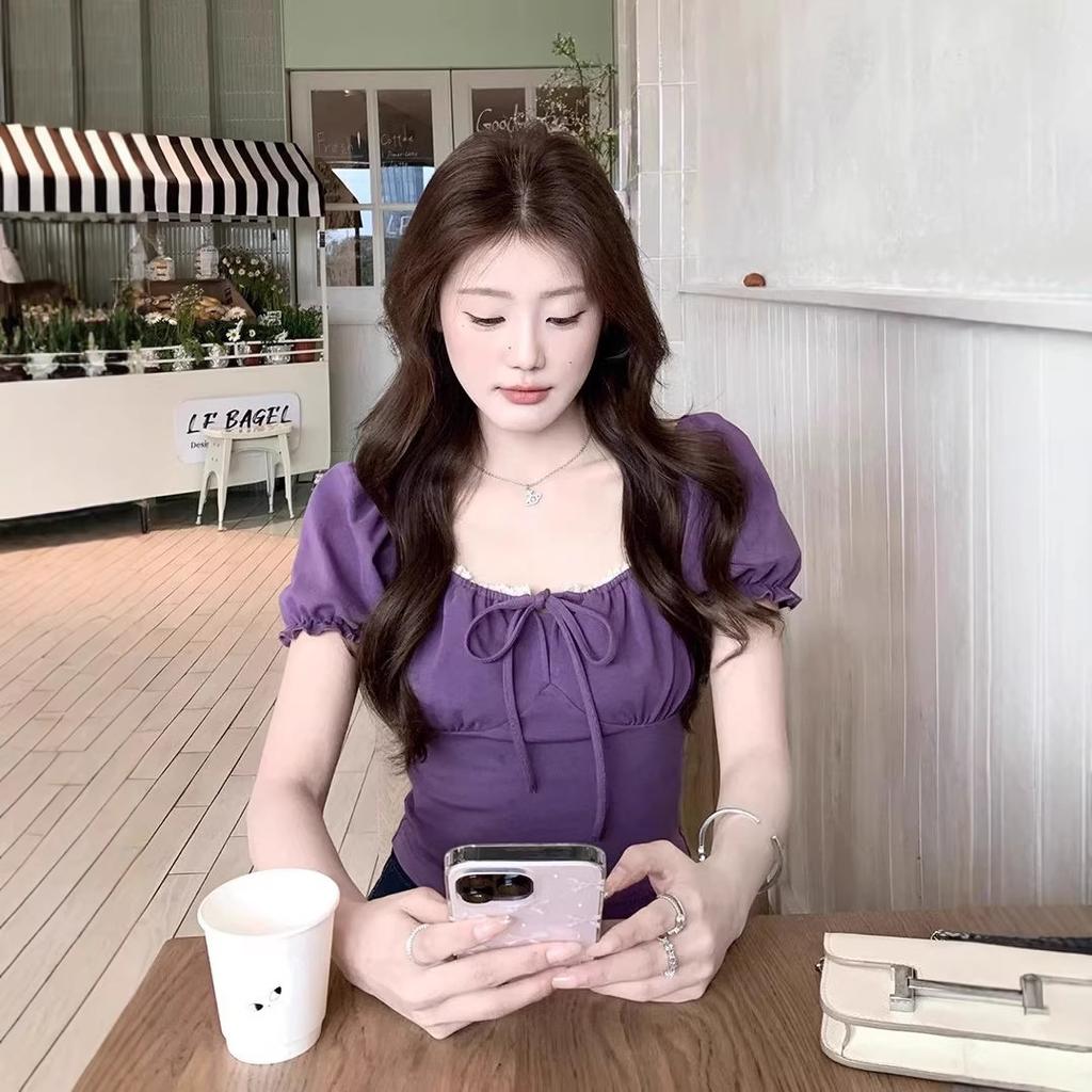 Design sense niche square neck bubble short-sleeved t-shirt women's summer Korean new Spice Girl unique chic short top