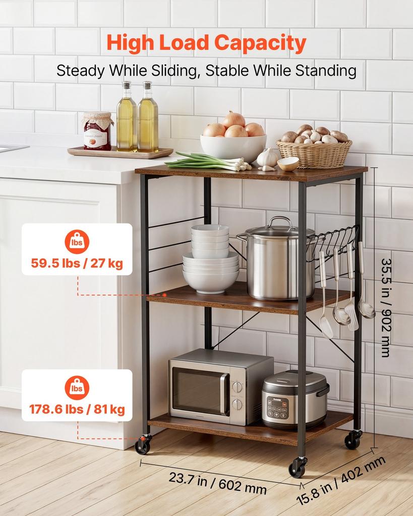 Kitchen Utility Cart, 3 Tier 60 Cm Microwave Stand Coffee Cart, Heavy Duty Storage Rack, Service Trolley On Wheels, Industrial Rolling Work Table with
