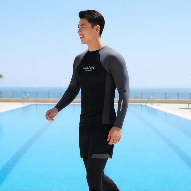 Men's Gray Long-sleeved Swimsuit Suit Set Boys Sunscreen Surfing Adult Anti-embarrassment Swimming Pants