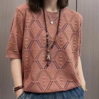 Maglione lavorato a maglia da donna, sottile, casual, a maniche corte, con scollo rotondo e motivo jacquard, per primavera ed estate