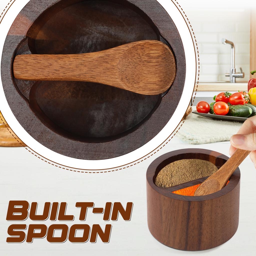 2 Pcs Salt Cellar Box with Lid and Spoon Wood and Stone Salt or Pepper Sugar Spice Seasoning Bowl Container Jar Holder Well Keep