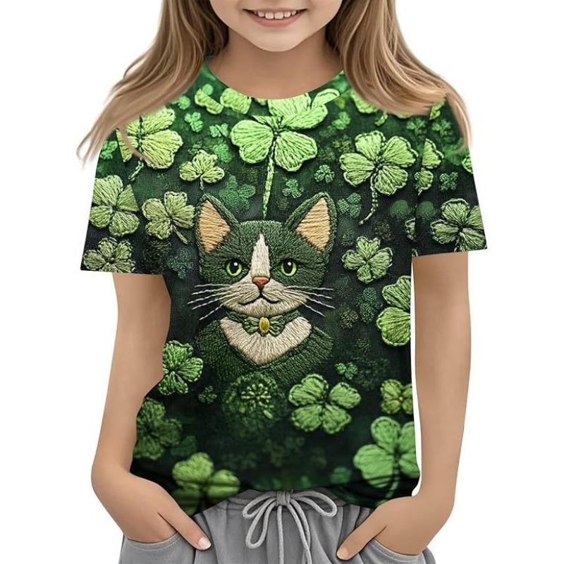 Fashionable Summer Trendy High-quality Four Leaf Clover Pattern Children's Women's Short Sleeved Round Neck T-shirt