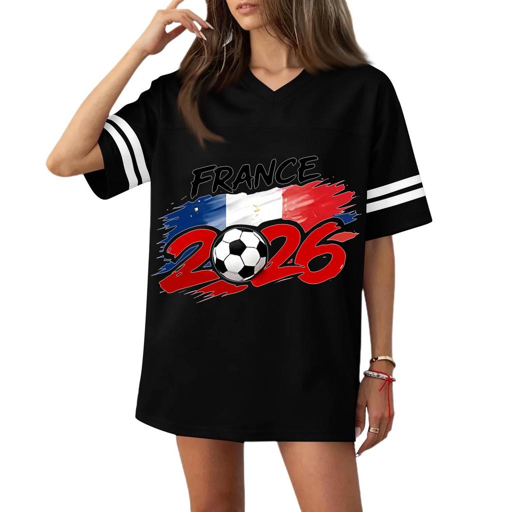 Women V Neck Casual Short Sleeve Sports T Shirt 2026 France Flag Print Loose Fit Football Jersey Top for Everyday Wear
