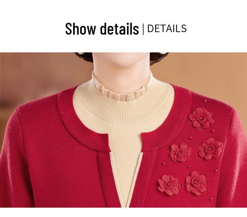 Mom's Stylish Winter Two-Piece Look Warm Base Layer Shirt for Middle-Aged & Elderly Women, Fleece-Lined Thickened Sweater
