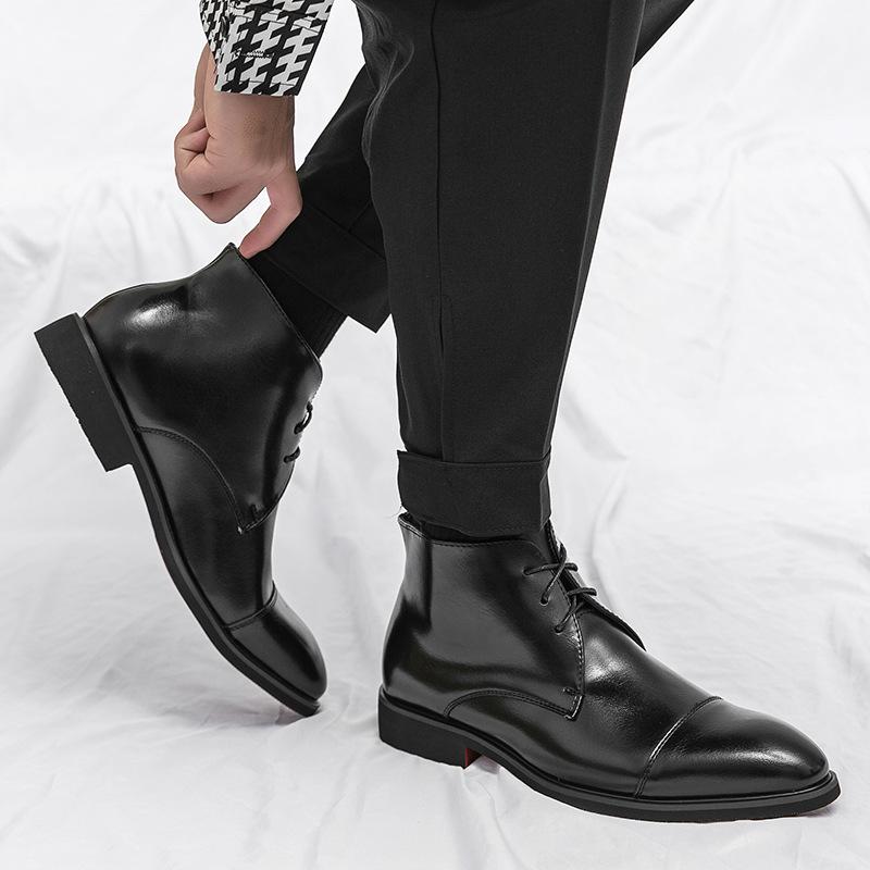 Large size high-top pointed men's boots autumn and winter new business dress British fashion lace-up high-top leather boots