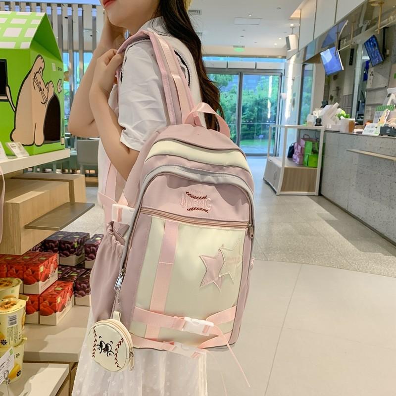 Blocked Fashionable Color Letter Embroidery Star Decoration Student Backpack