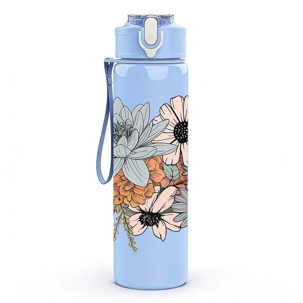 1PC Mixed Tone Daisy Floral Bouquet Print 750ml Color Plastic Sports Water Bottle Leakproof Flip Straw Lid Suitable for Sports Office Home Use