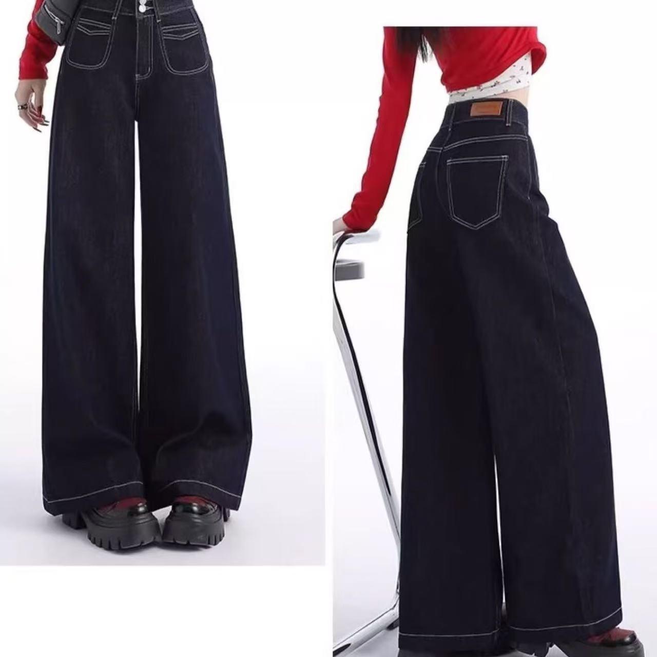

Women s Retro Wide-Leg High-Waist Jeans: Loose Petite Fit with Micro Flare, Floor-Length, for Spring & Autumn 2025 L