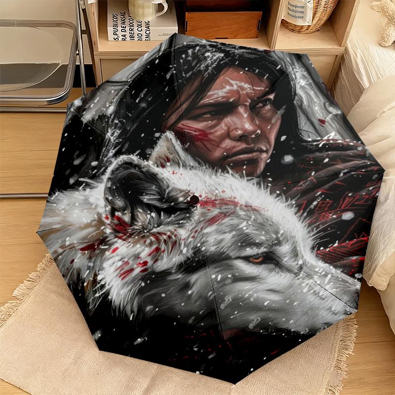 1PC Wolf Native Spirit Automatic Umbrella - Suitable Travel Outdoor Portable Umbrella Birthday Gift Daily Essentials