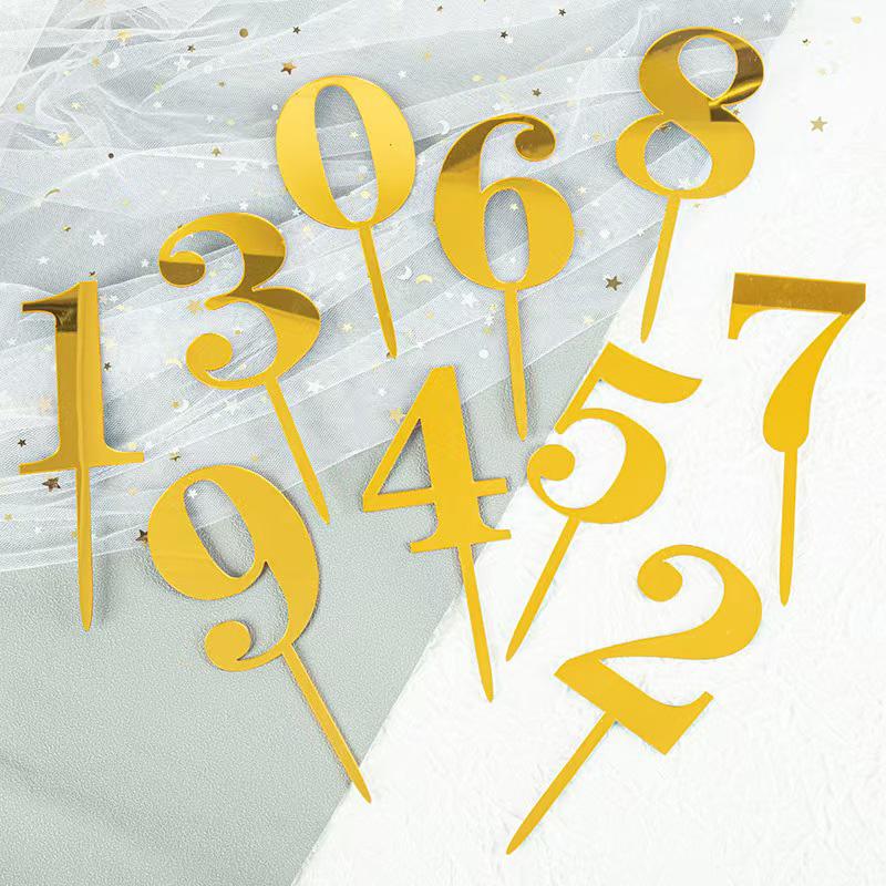 Number 0 To 9 Happy Birthday Cake Topper Decoration Gold Acrylic Cake Flag For Anniversary Wedding Party Cake Topper Baby Shower