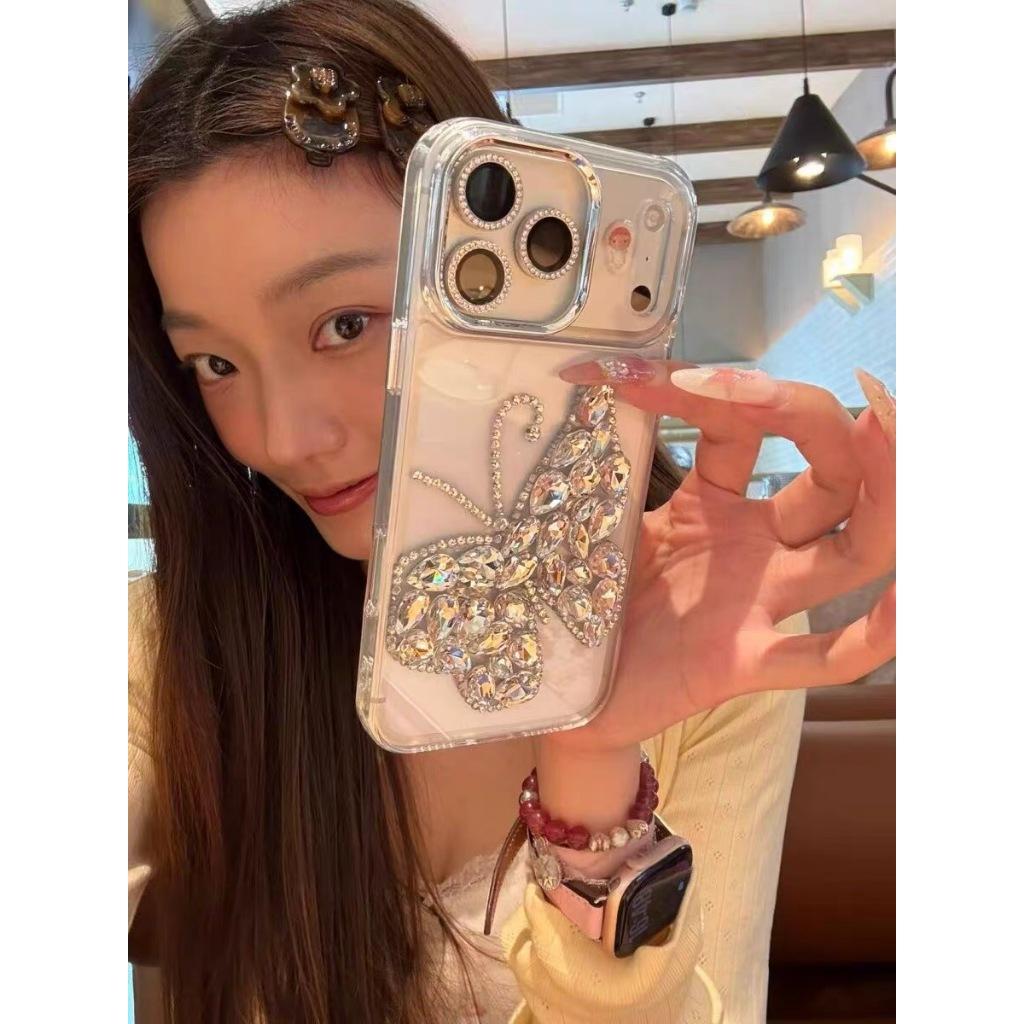 Bling Diamond Big Butterfly Case For iPhone 17 Pro Max 13 14 15 16 Glitter Rhinestone Silver Camera Protection Clear TPU Cover