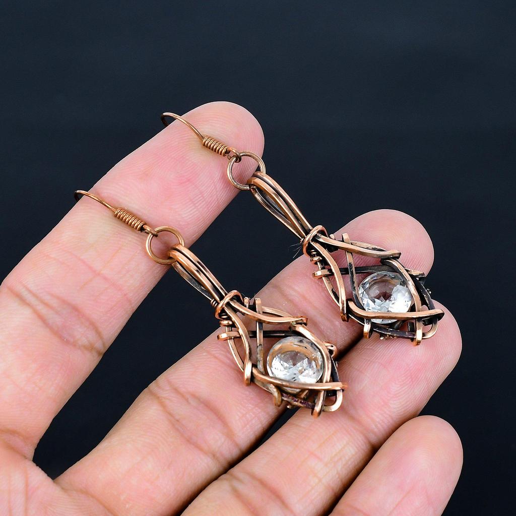 White Topaz 999 Copper Wire Wrapper Earrings, Handmade Gemstone Jewelry Earrings For Memorial Day