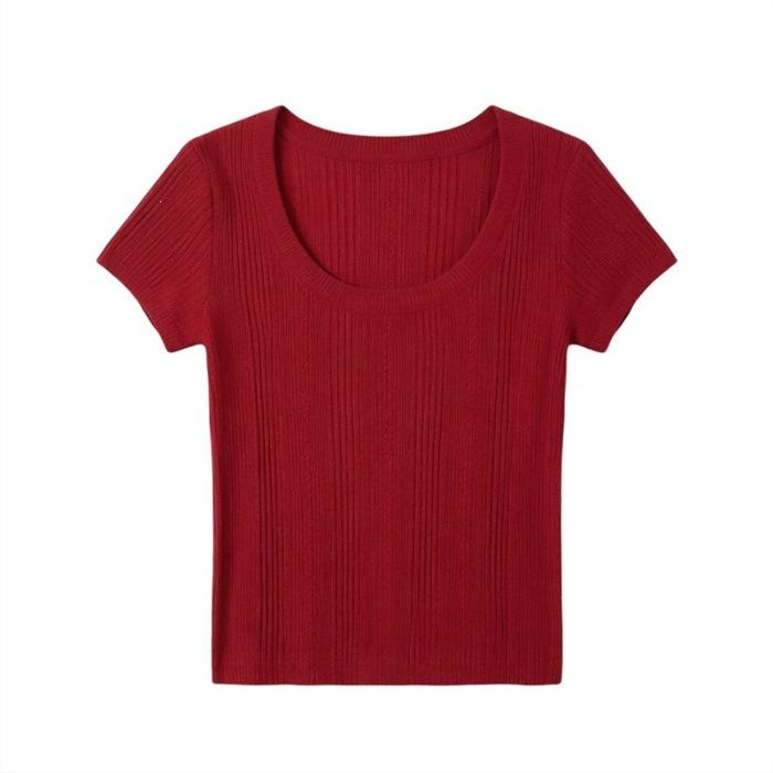 Front Shoulder Short-sleeved T-shirt Women's Summer New Orange U-neck T-shirt Slim-fit Half-sleeved Versatile Short Slim Top