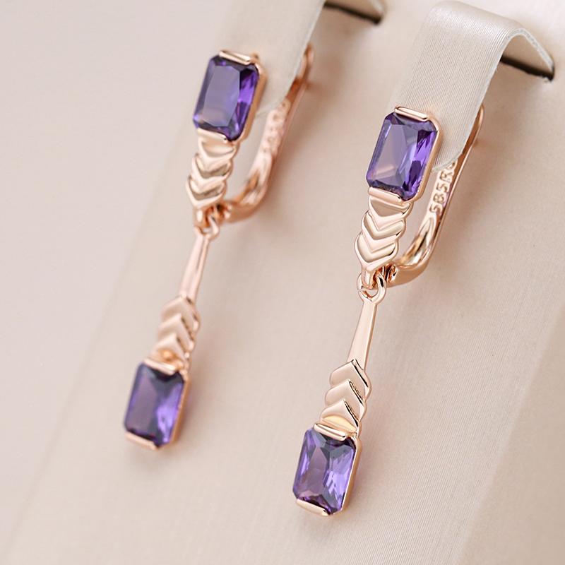 Rose Gold Color Long Drop Earrings For Women Fashion Square Purple Natural Zircon Accessories Daily Fine  Jewelry