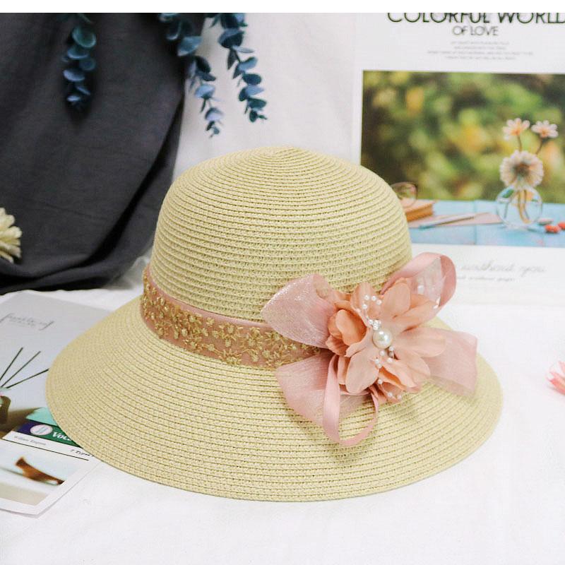 

Fashion Women Summer New Women s Sun Hat Bucket Cap Beige Lace Bowknot Flowers Ribbon Flat Top Straw Hat Beach Caps Panama Gift One Size