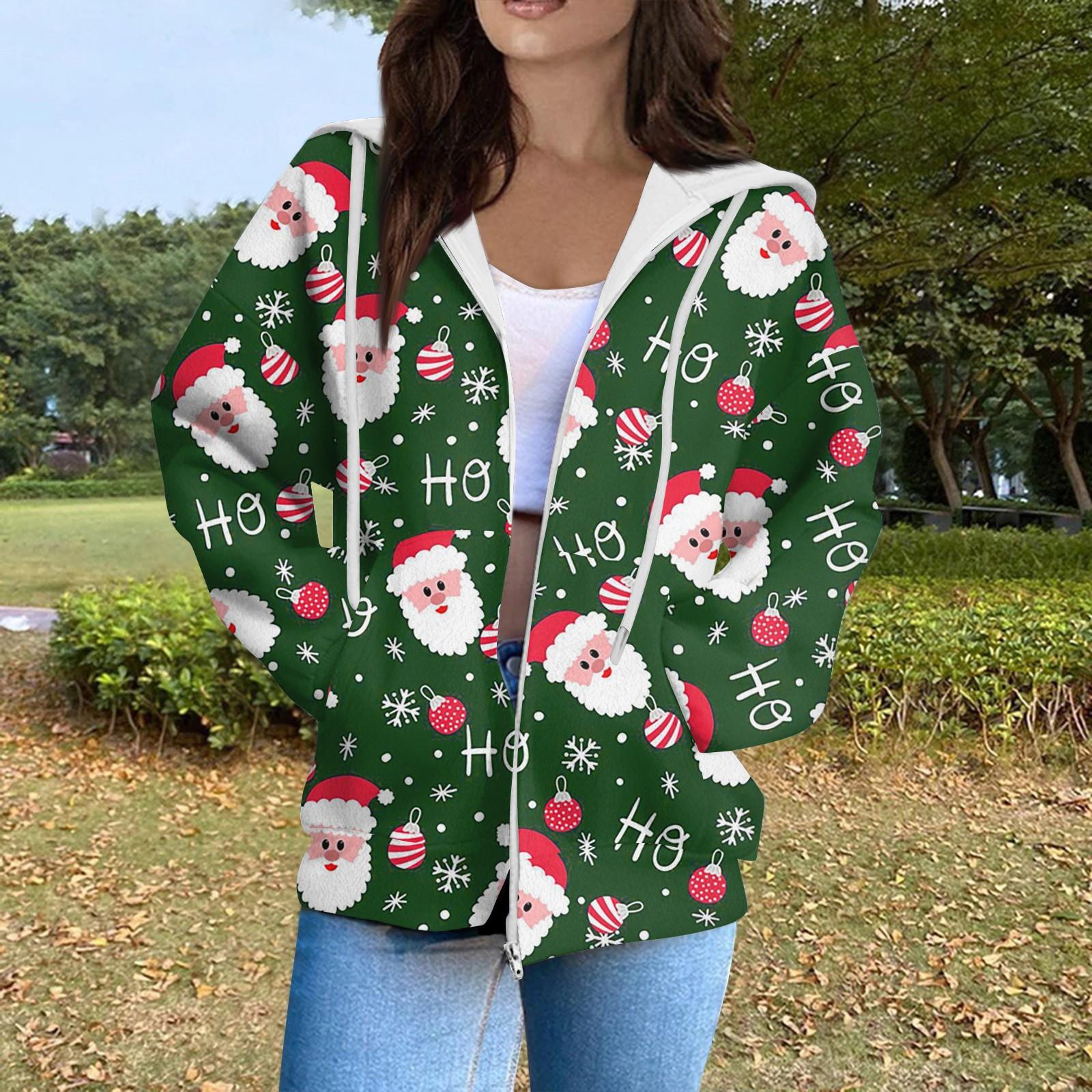 

Жіночий модний повсякденний кардиган з довгим рукавом і різдвяним принтом із кишенею на блискавці L армія зелений колір