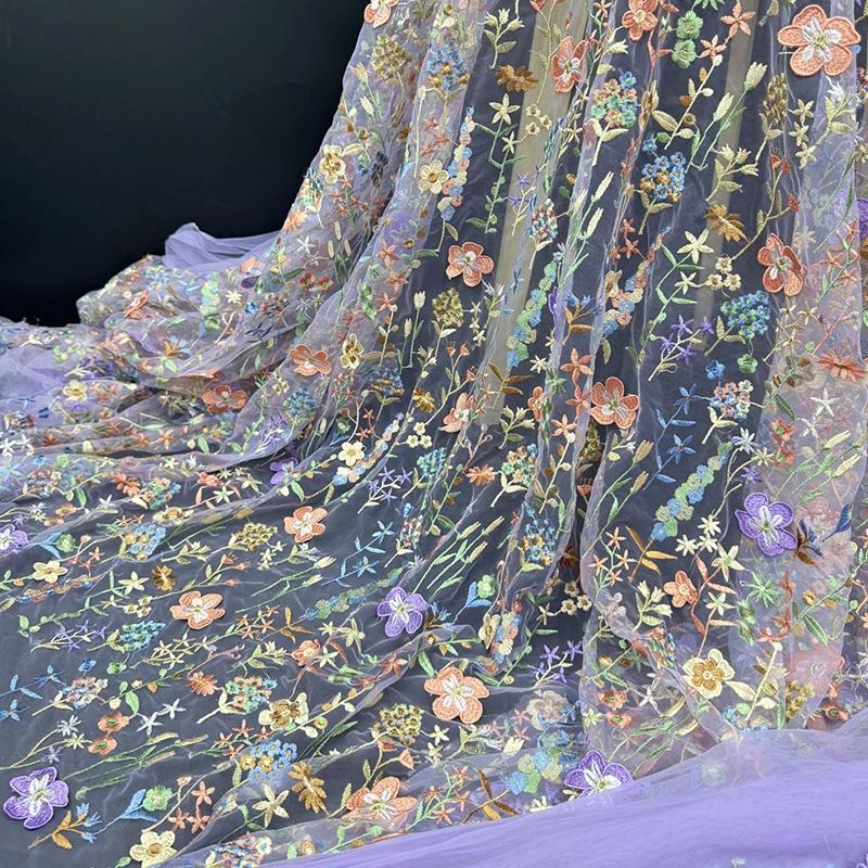 Color 3D Floral Embroidered Lace Tulle Mesh Fabric for Dress Diy Craft Wedding Dress Curtain Sewing Patchwork Clothing Material