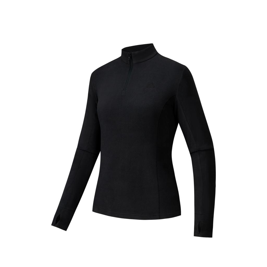 Anta Outdoor Series Comfortable Casual Versatile Slim Fit Base Layer Half-Zip Fleece Long Sleeve Women Tops Basic-Black 962546401-4