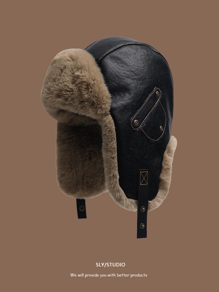 Hat women's fashion leather Lei Feng hat winter cotton cold warm Internet celebrity street plush ear hat men
