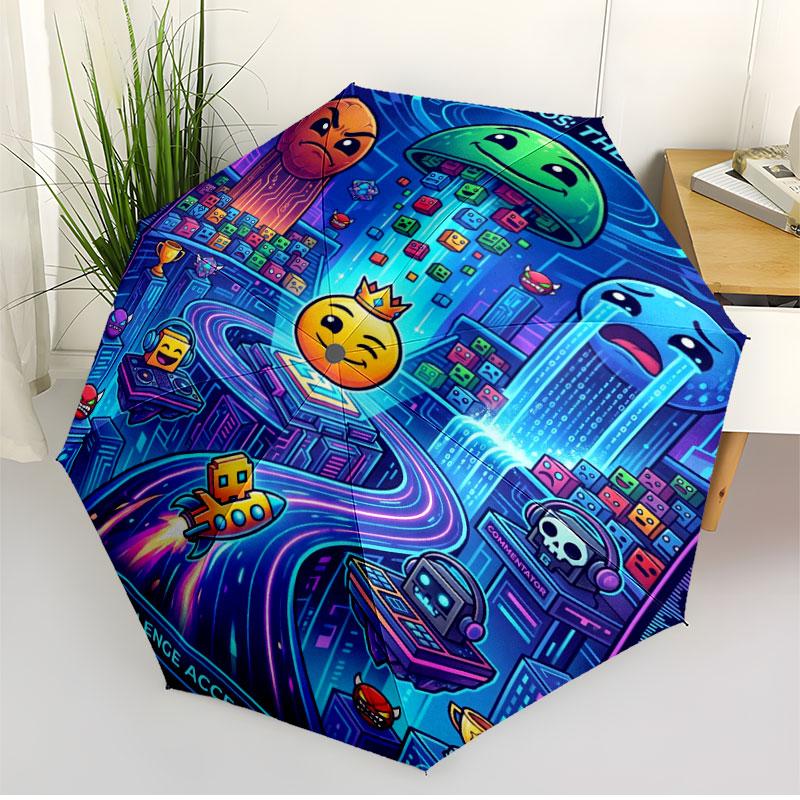 Geometry Dash Print Automatisk Åben Lukke Paraply, Bærbar Foldbar Paraply, til Udendørs Pendling Campingtur, Ideel Fødselsdagsgave