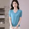 Summer Women's V-neck Knitted T-shirt Top T-shirt Solid Color Top