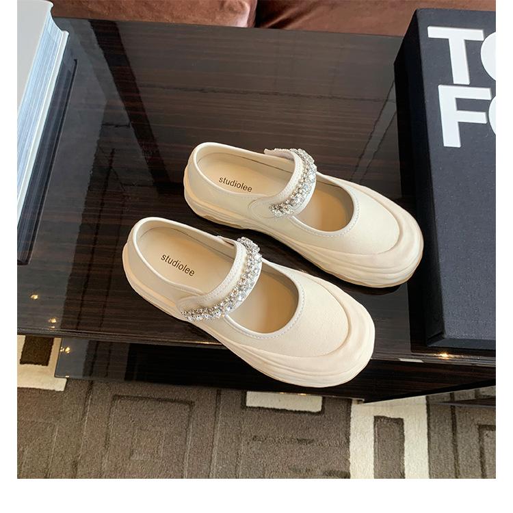 Grape Mother with the Same Rhinestone Word with Velcro Big Round Head Shallow Mouth Mary Jane Half Drag Canvas Shoes Women