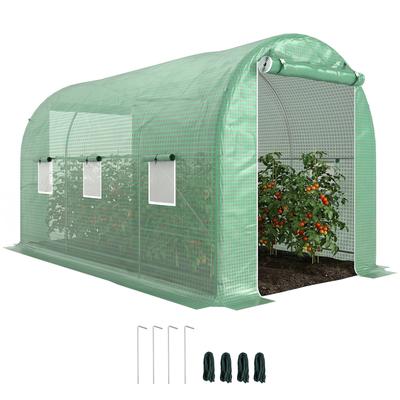 Garden Tunnel Greenhouse Ground Area 8 M² 4L X 2W X 2.05H M Tubular Frame Zipped Door 6 Roll-Up Windows Green